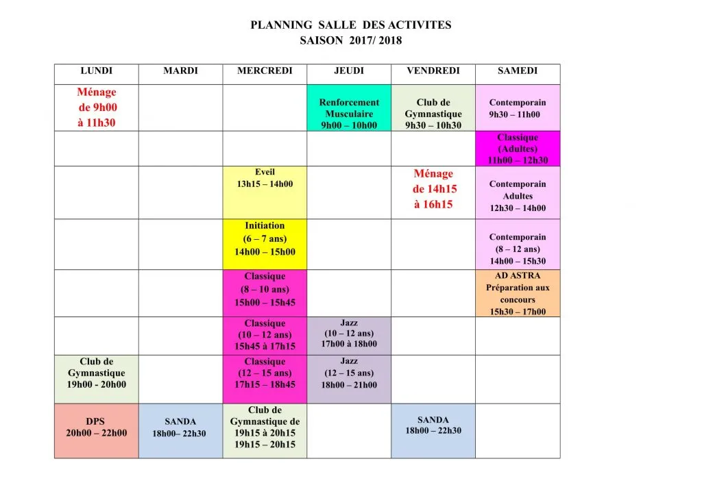 Planning des activités