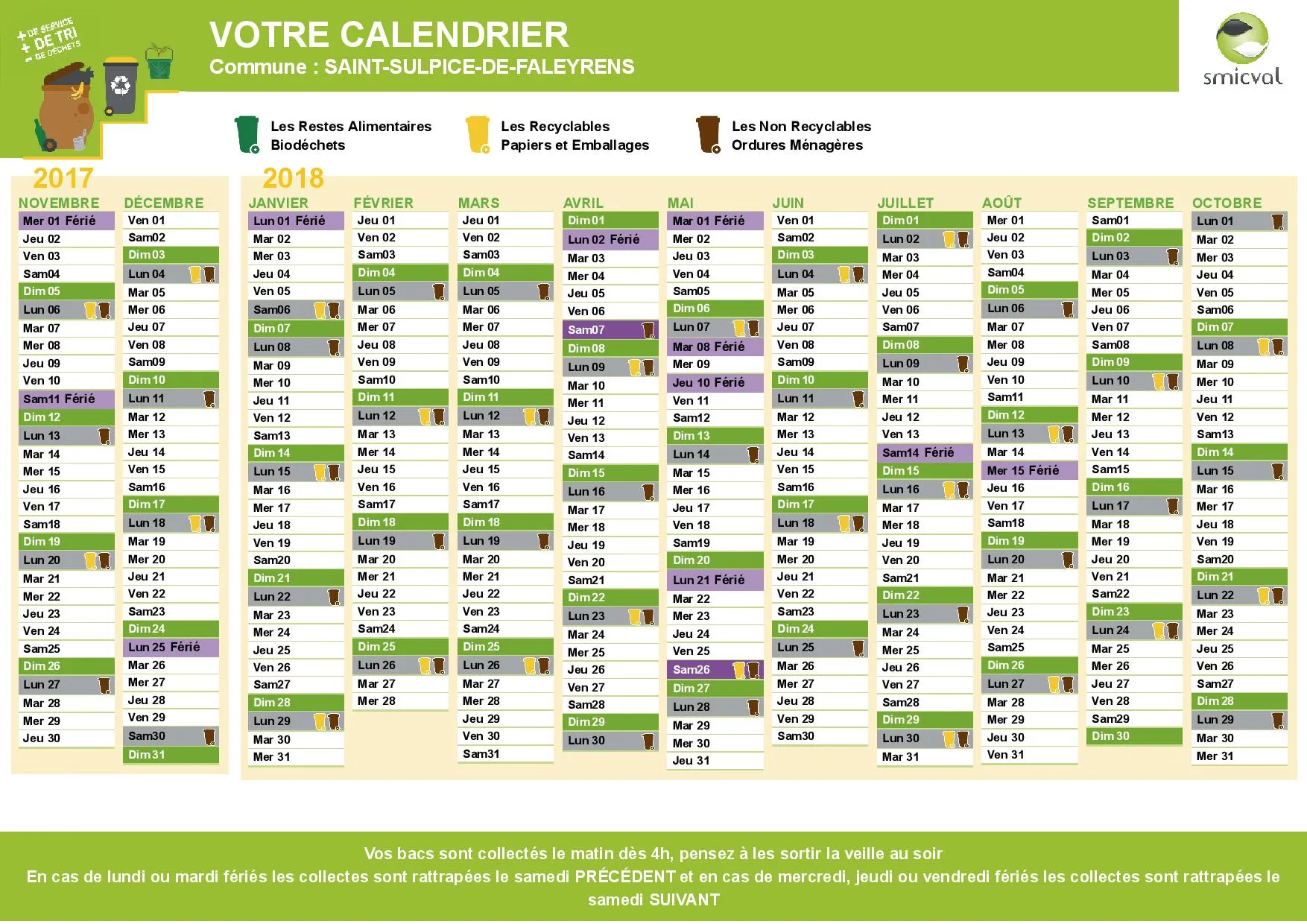 Calendrier de collecte 2018 des ordures ménagères